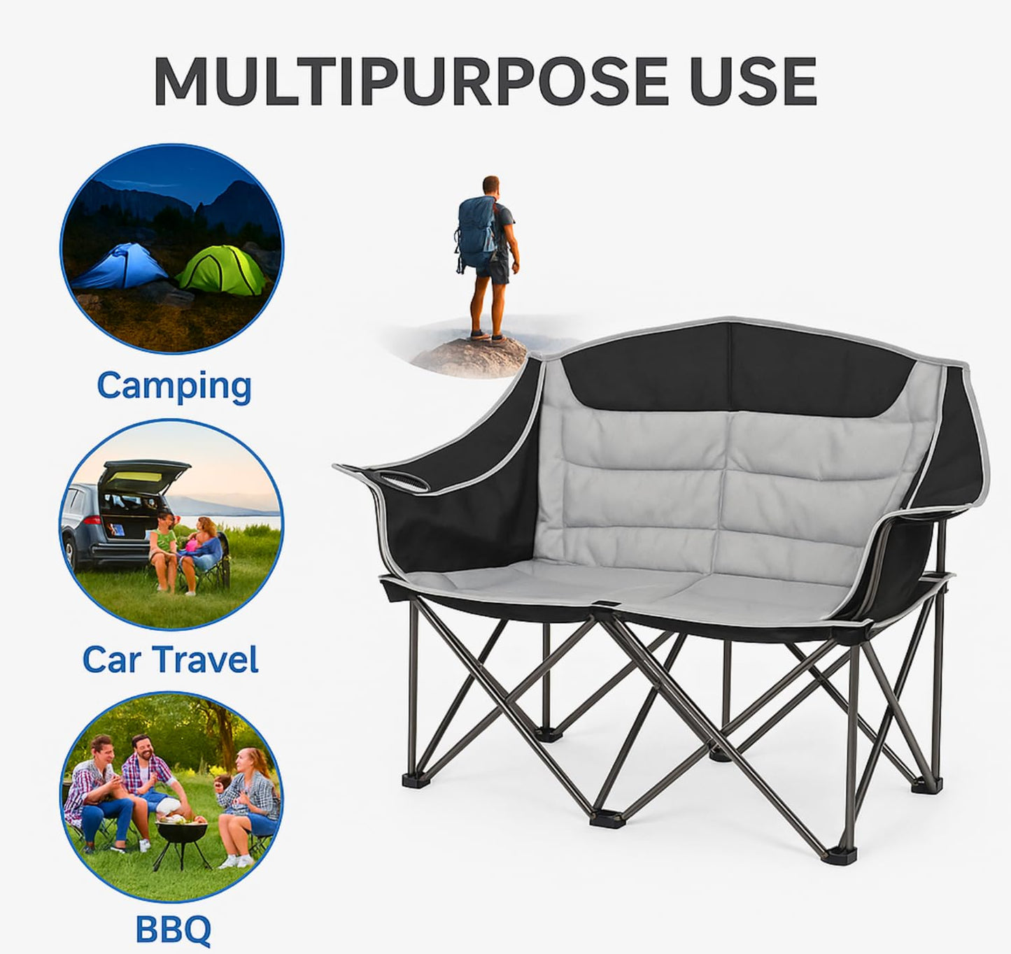 DEMPOWER Camping Chair for Adults, 2 Person Oversized Folding-Portable, 440 Lbs / 200 Kg Capacity,Double Camping Chairs for Picnic Fishing Indoor-Outdoor Activite with Cup Holder and Armrest