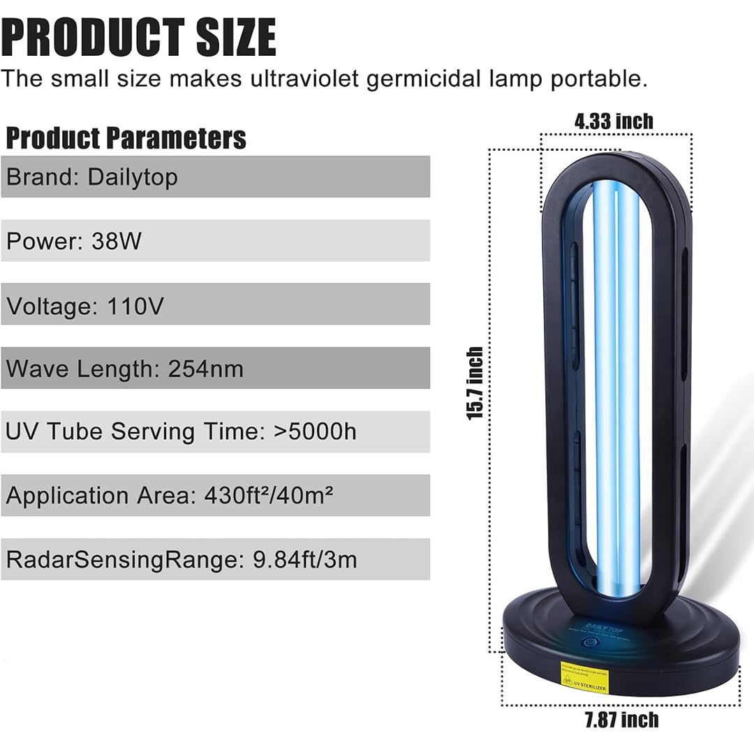 DEMPOWER UV Light Sanitizer, UVC Light Sanitizer for Room, Ultraviolet Light with 3 Speed Timing and Remote Control 38W-110V UV Lamp for Home,Kitchen, Baby Room, Office (Black)