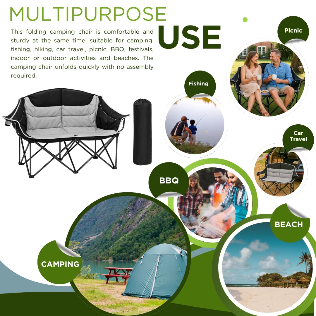 DEMPOWER Double Camping Chair for Adults, 2 Person Oversized Folding-Portable, 660 Lbs / 300 Kg Capacity, Camping Chairs for Picnic Fishing Indoor-Outdoor Activite with Cup Holder and Armrest, Black