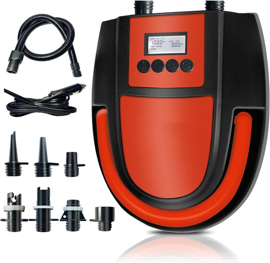 Dempower 20PSI High Pressure SUP Air Pump Auto-Off Feature, 12V DC Car Connector, Dual Stage Inflation&Deflation Function, 6 Nozzle Paddle Board Pump for Car, Bike, Motorcycle, Airbed