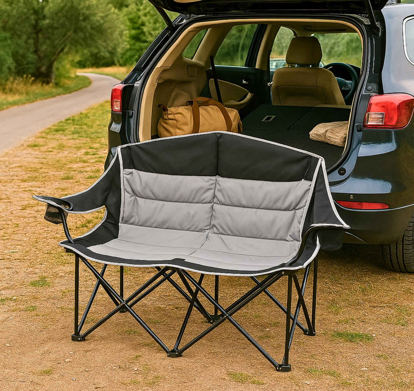 DEMPOWER Double Camping Chair for Adults, 2 Person Oversized Folding-Portable, 660 Lbs / 300 Kg Capacity, Camping Chairs for Picnic Fishing Indoor-Outdoor Activite with Cup Holder and Armrest, Black