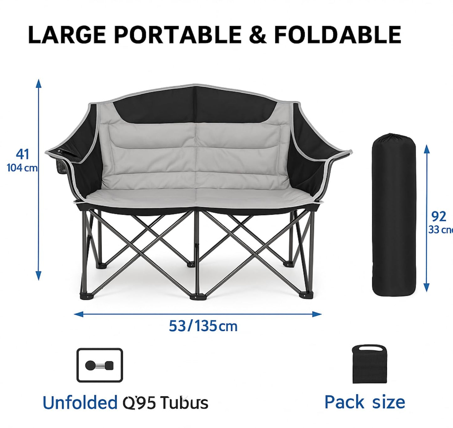 DEMPOWER Double Camping Chair for Adults, 2 Person Oversized Folding-Portable, 660 Lbs / 300 Kg Capacity, Camping Chairs for Picnic Fishing Indoor-Outdoor Activite with Cup Holder and Armrest, Black