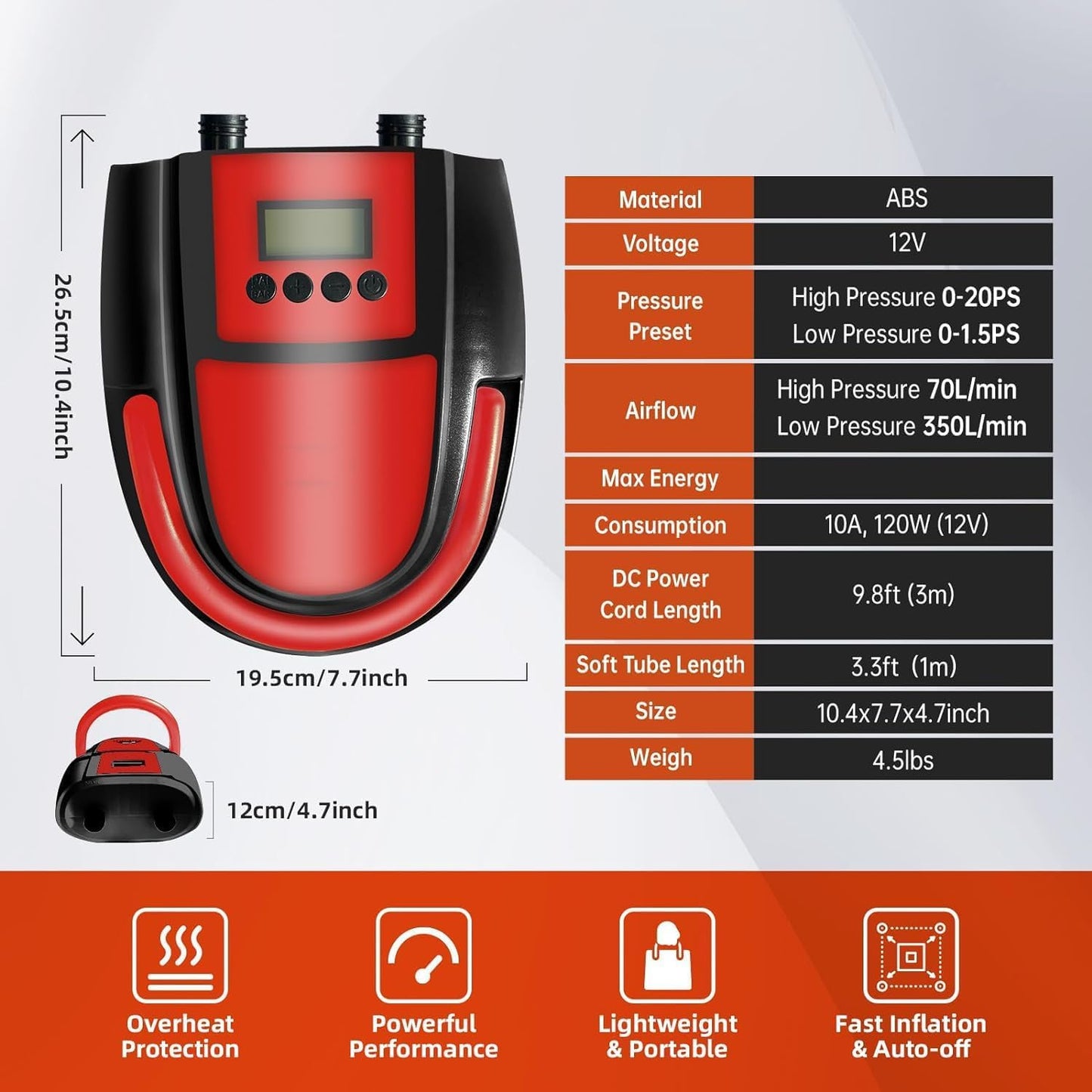 Electric SUP Pump 20 PSI Auto-Off Feature, Dual Stage Inflation & Deflation Function, 6 Nozzle Paddle Board Pump, Air Tent, Mattress, Pump Electric, Air, Awning, Paddleboard, 12V DC Car Connector