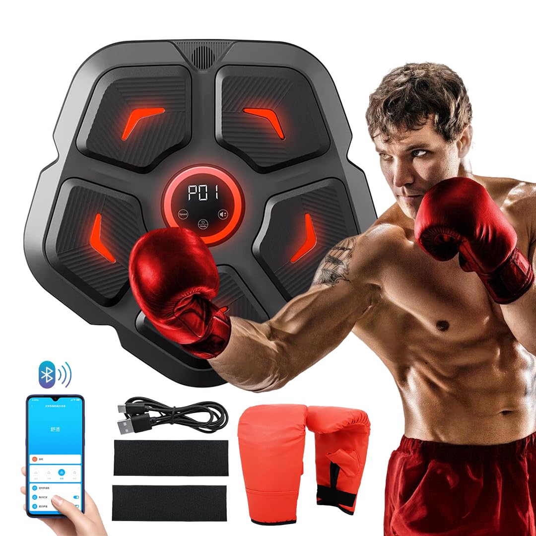 DEMPOWER Smart Music Boxing Machine with Boxing Gloves, Wall Mounted LED Light Punching Machine, Bluetooth Connected 9 Speed & Mode Adjustment, for Adults and Kids Home Workout