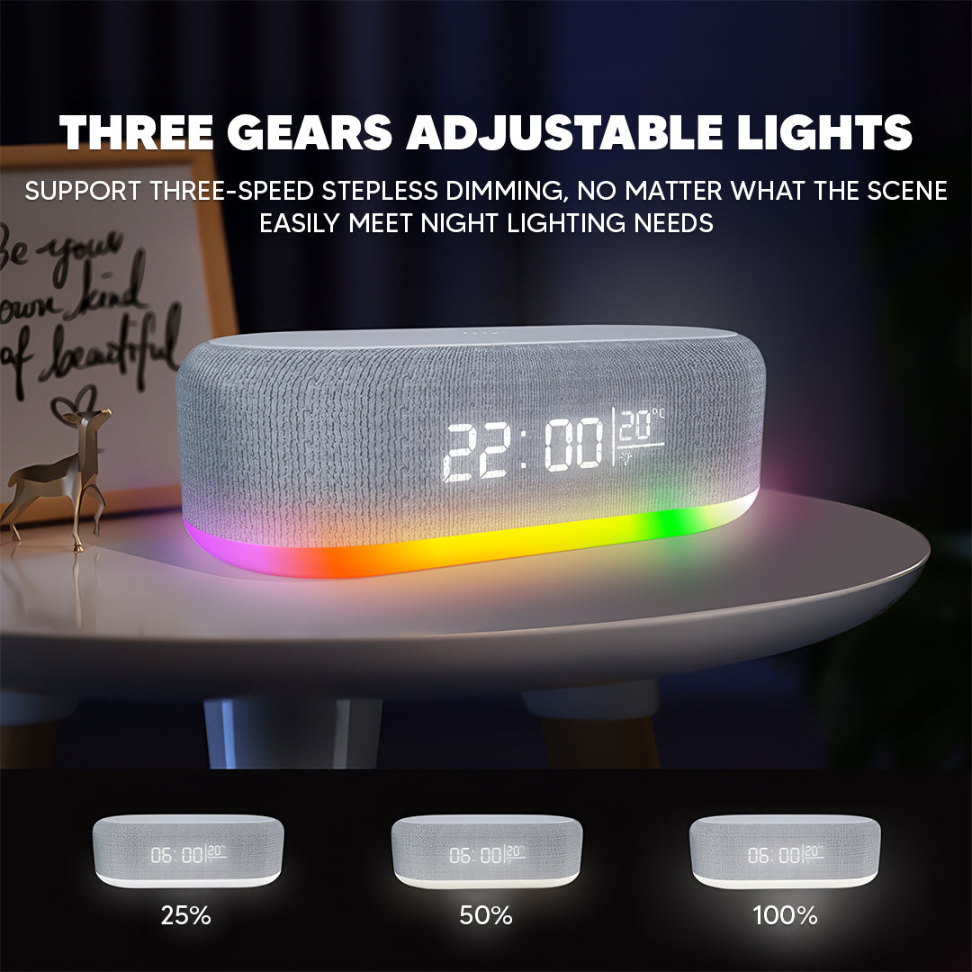 Bluetooth Speaker with 15W Wireless Charging – LED Clock, Alarm, RGB Night Light