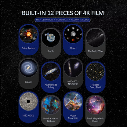 4K Galaxy Projector – 12 Space-Themed Discs, Silent Rotation & Timer Mode